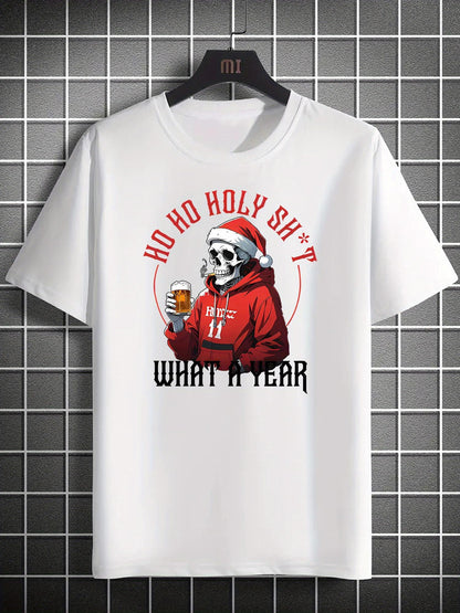 Men's Graphic T-Shirt Ho Ho Holy Shit What A Year Wearing Red Hoodie And Santa Hat Holding A Cold Beer Mug Skeleton