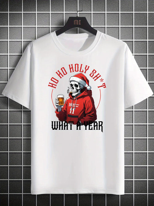 Men's Graphic T-Shirt Ho Ho Holy Shit What A Year Wearing Red Hoodie And Santa Hat Holding A Cold Beer Mug Skeleton