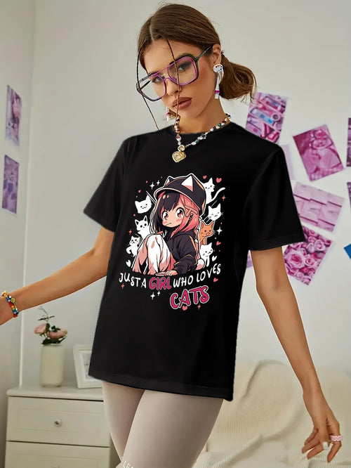 Women's Graphic T-Shirt Just A Girl Who Loves Cats Adorable Anime Character Wearing Cat Hoodie Surrounded By Cute Kittens Girl