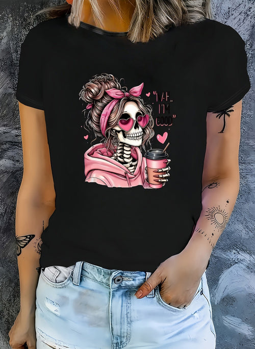 Women's Graphic T-Shirt Stylized Female Wearing Pink Hoodie And Heart Sunglasses Holding Coffee Skeleton