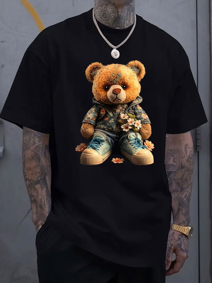Men's Graphic T-Shirt Cute Soft Teddy Bear Wearing Stylish Floral Hoodie And Blue Sneakers Bear