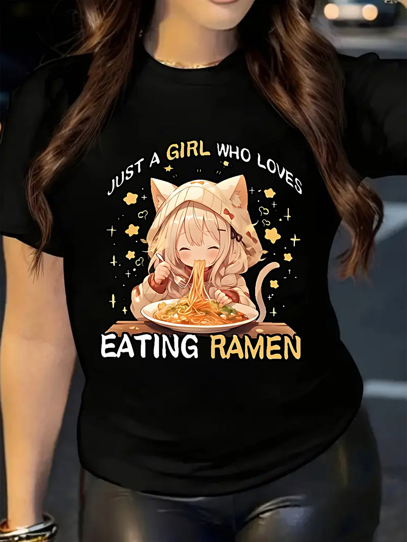 Women's Graphic T-Shirt Just A Girl Who Loves Eating Ramen Cute Anime Character Wearing Cat Ear Hoodie Eating Noodles Girl