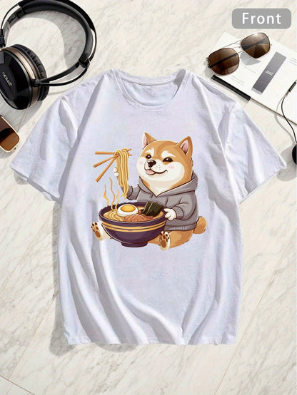 Men's Graphic T-Shirt Adorable Cartoon Shiba Inu Wearing Grey Hoodie Eating Steaming Hot Ramen Dog