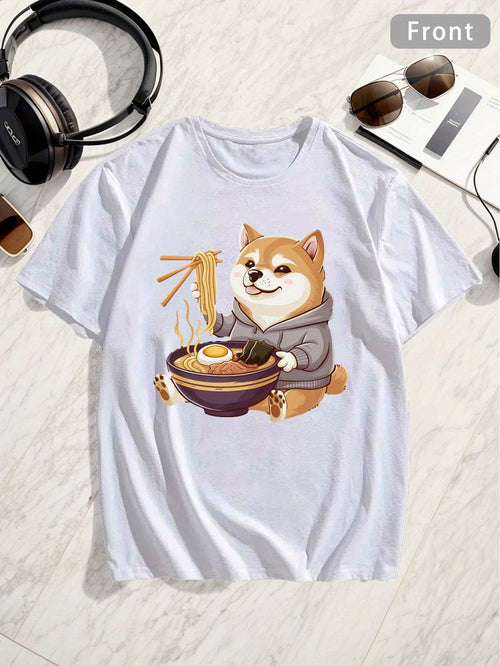Men's Graphic T-Shirt Adorable Cartoon Shiba Inu Wearing Grey Hoodie Eating Steaming Hot Ramen Dog