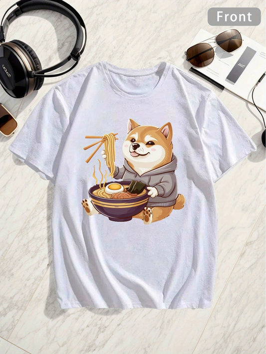 Men's Graphic T-Shirt Adorable Cartoon Shiba Inu Wearing Grey Hoodie Eating Steaming Hot Ramen Dog