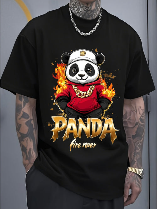 Men's Graphic T-Shirt Panda Fire Power Cool Hip Hop Streetwear Wearing Red Hoodie Surrounded By Burning Flames Panda