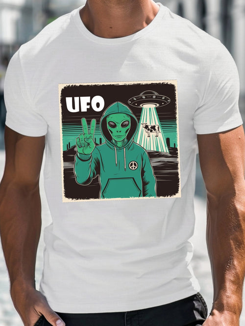 Men's Graphic T-Shirt Ufo Green Hoodie Wearing Creature Making Peace Sign Near Cow Alien