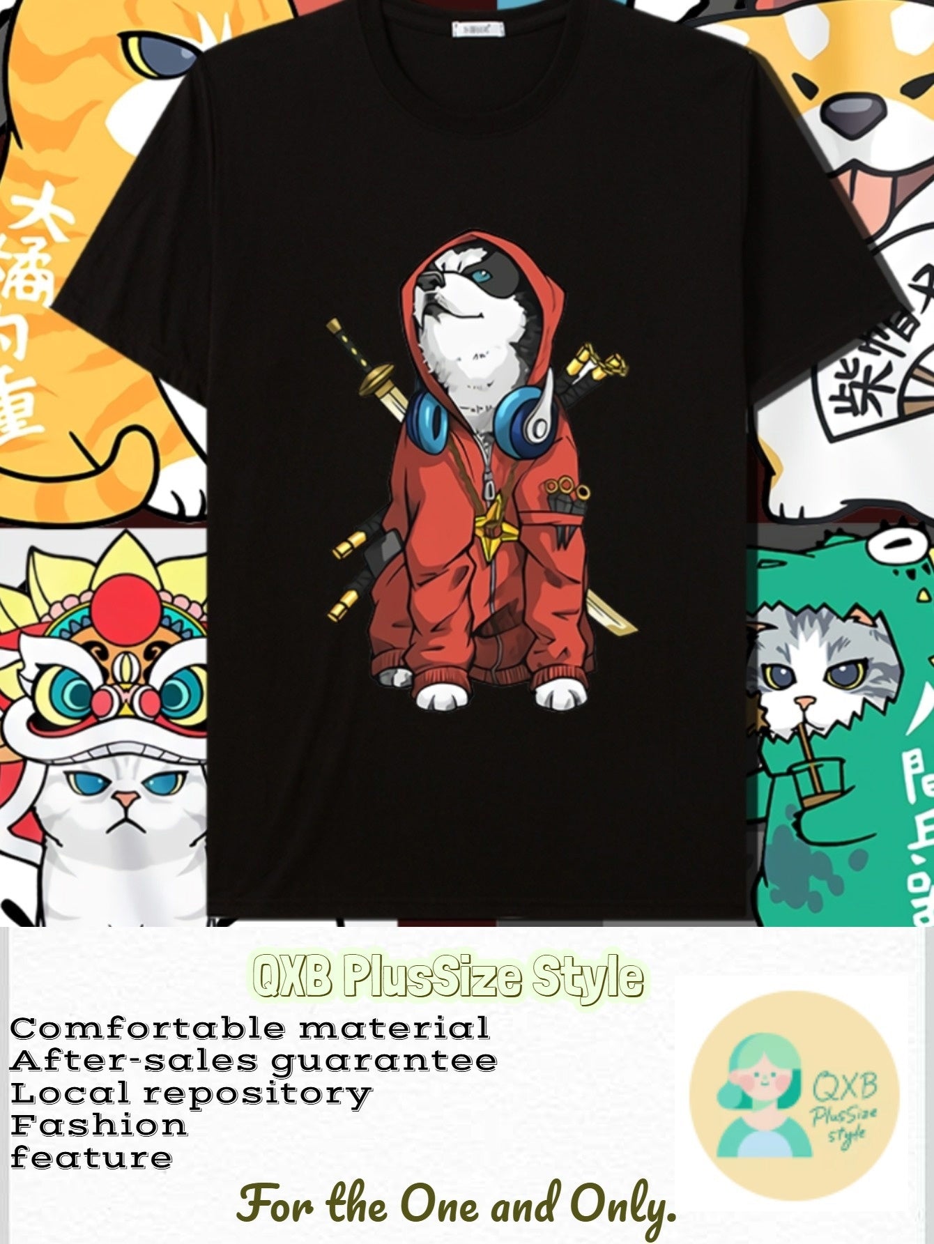 Women's Graphic T-Shirt Cool Cartoon Husky Wearing Red Hoodie Carrying Traditional Japanese Samurai Swords Husky