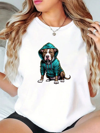 Women's Graphic T-Shirt Cool Brown Pit Bull Sitting While Wearing A Teal Green Hoodie Dog