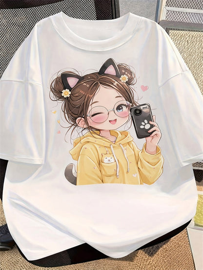Women's Graphic T-Shirt Cute Anime Style Character Wearing Yellow Hoodie And Cat Ears Taking Selfie Girl