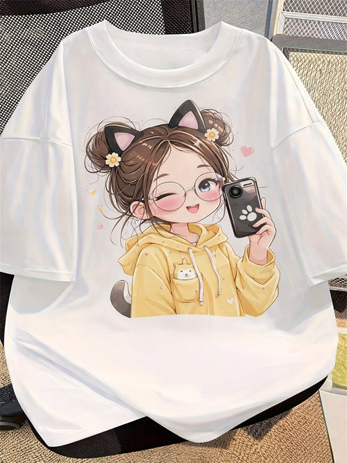 Women's Graphic T-Shirt Cute Anime Style Character Wearing Yellow Hoodie And Cat Ears Taking Selfie Girl