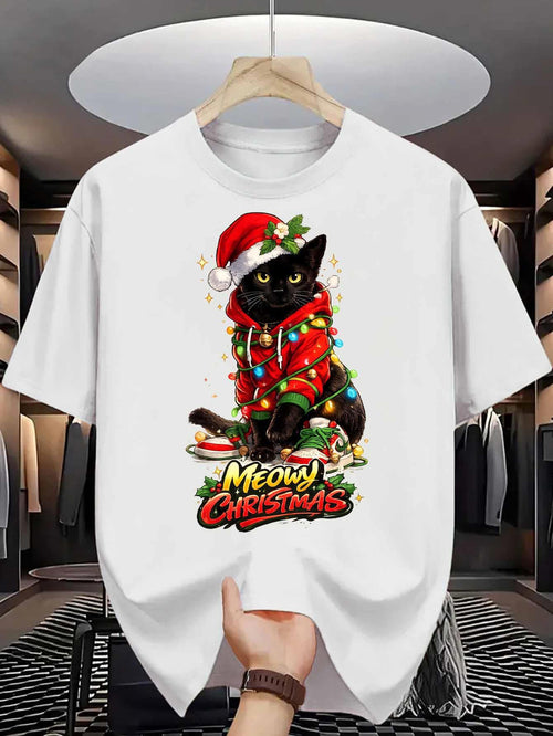 Men's Graphic T-Shirt Meowy Christmas Black Cat Wearing Red Hoodie Wrapped In Glowing Festive Holiday Lights Cat