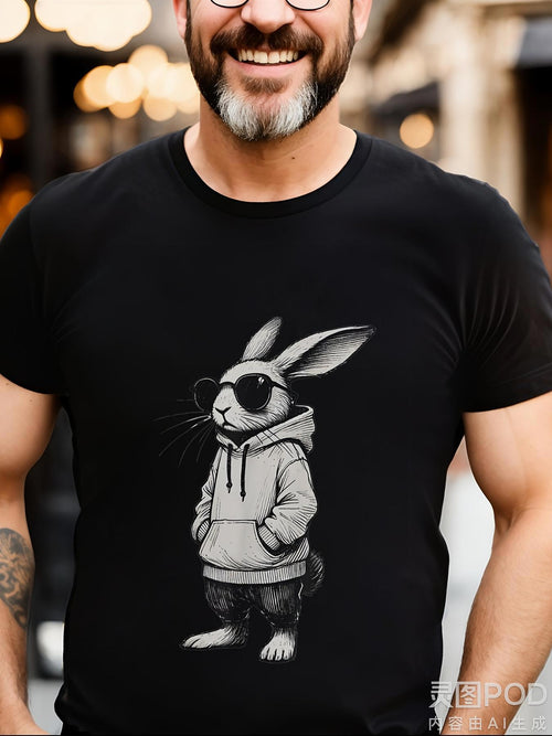 Men's Graphic T-Shirt Cool Streetwear Style Standing With Trendy Sunglasses And Comfy Hoodie Rabbit
