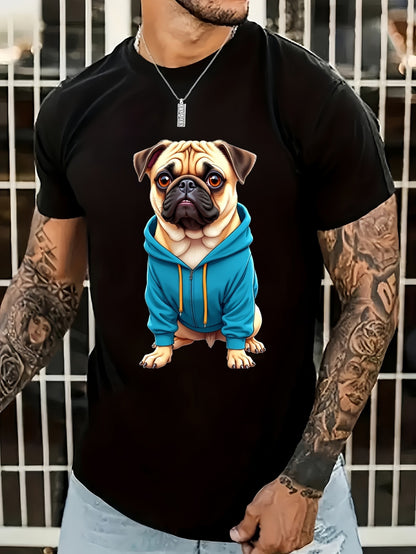 Men's Graphic T-Shirt Adorable Little Dog Wearing Vibrant Blue Casual Hoodie Sitting Calmly Pug