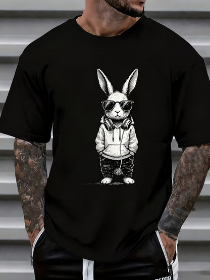Men's Graphic T-Shirt Cool Street Style Wearing Trendy Sunglasses And Comfy Hoodie Rabbit