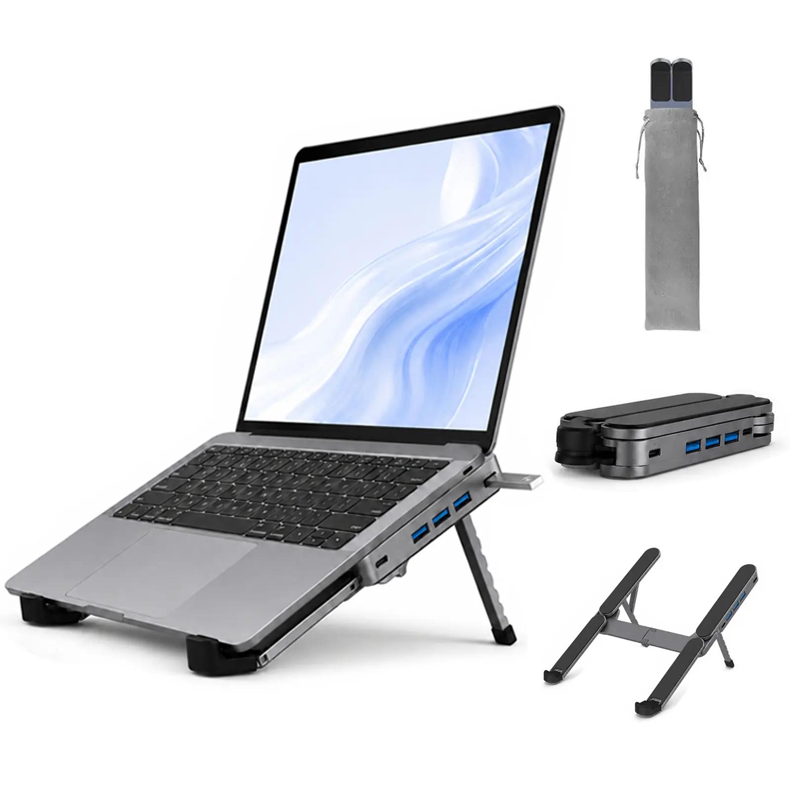 Gunmetal Laptop Stand with Foldable USB Hub, Adjustable Ergonomic Desk Riser, Multi-Port Expansion for MacBook, PC, Tablets &