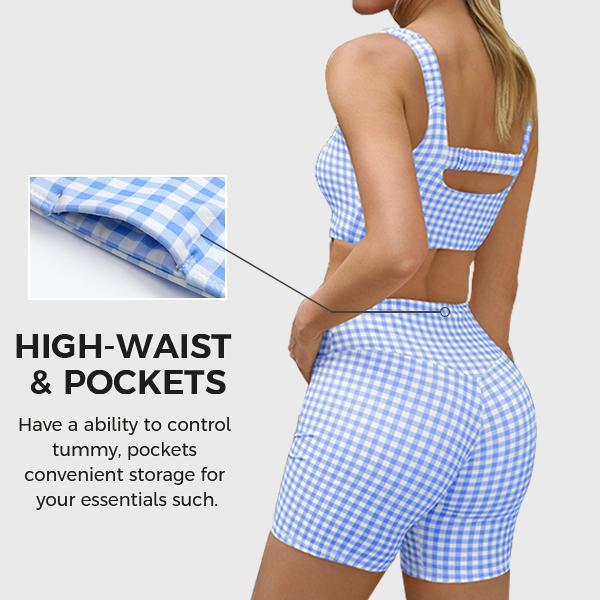 Aoysky Womens Workout Gingham 2 Piece Outfits Padded Open Back Crop Tank High Waist Seamless Sports Shorts Set - image 2