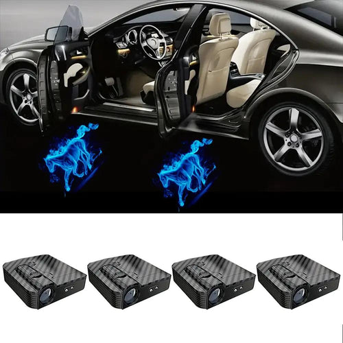 4-Piece Universal Wireless Car Door Welcome Light, Blue Flame Horse, Magic Circle Car Door Projection Light, Car LED Welcome 